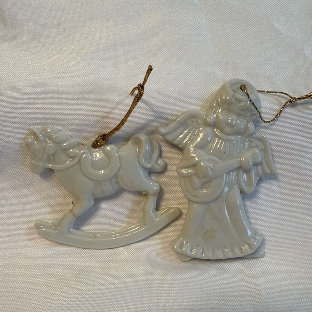 Takahashi Rocking Horse and Angel White Porcelain Christmas Ornament Japan